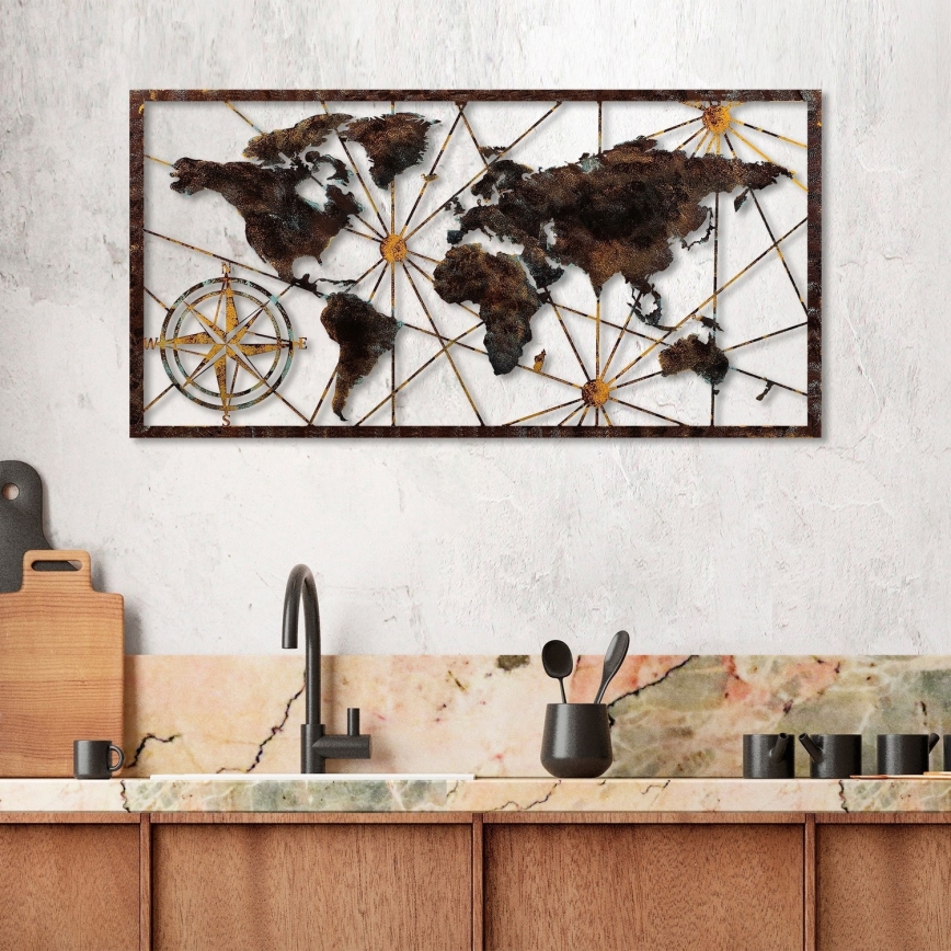 Nástenná dekorácia 120x60 cm mapa sveta kov