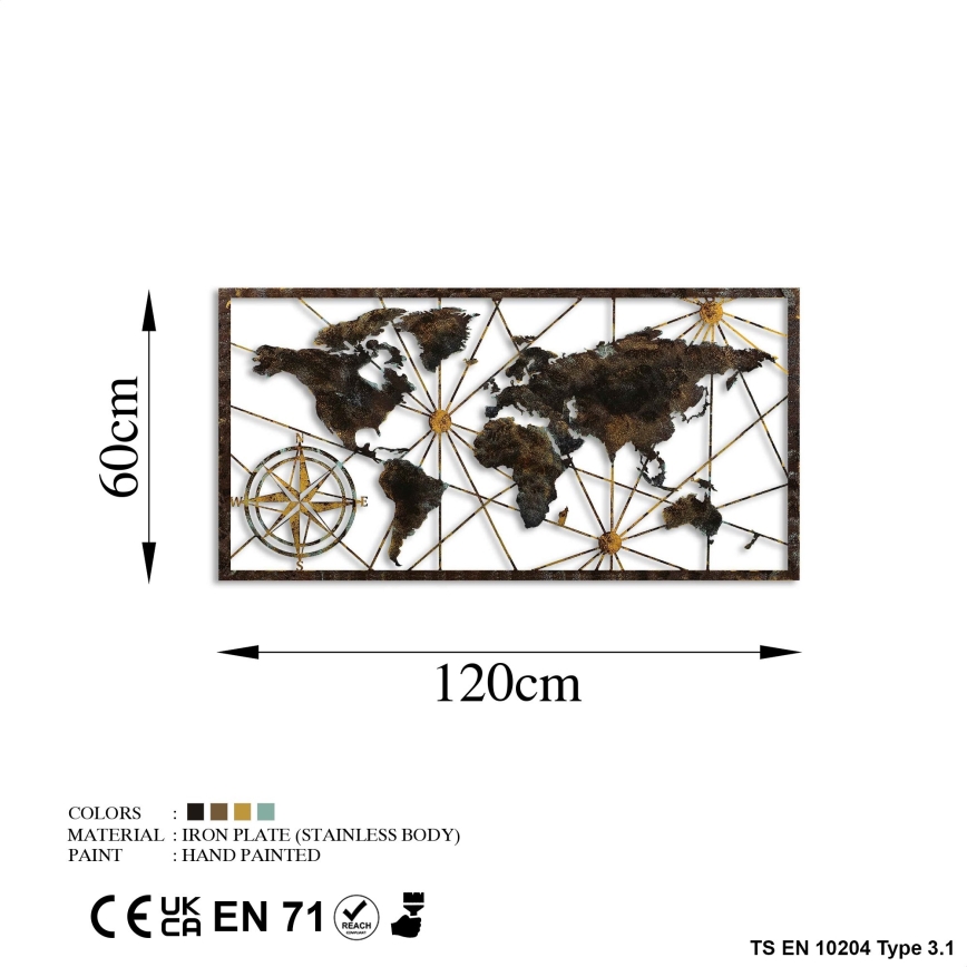 Nástenná dekorácia 120x60 cm mapa sveta kov