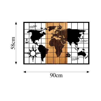 Nástenná dekorácia 90x58 cm mapa drevo/kov