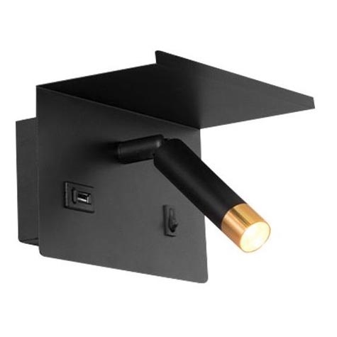 Nástenné bodové svietidlo s poličkou a USB nabíjačkou 1xG9/35W/230V čierna/zlatá