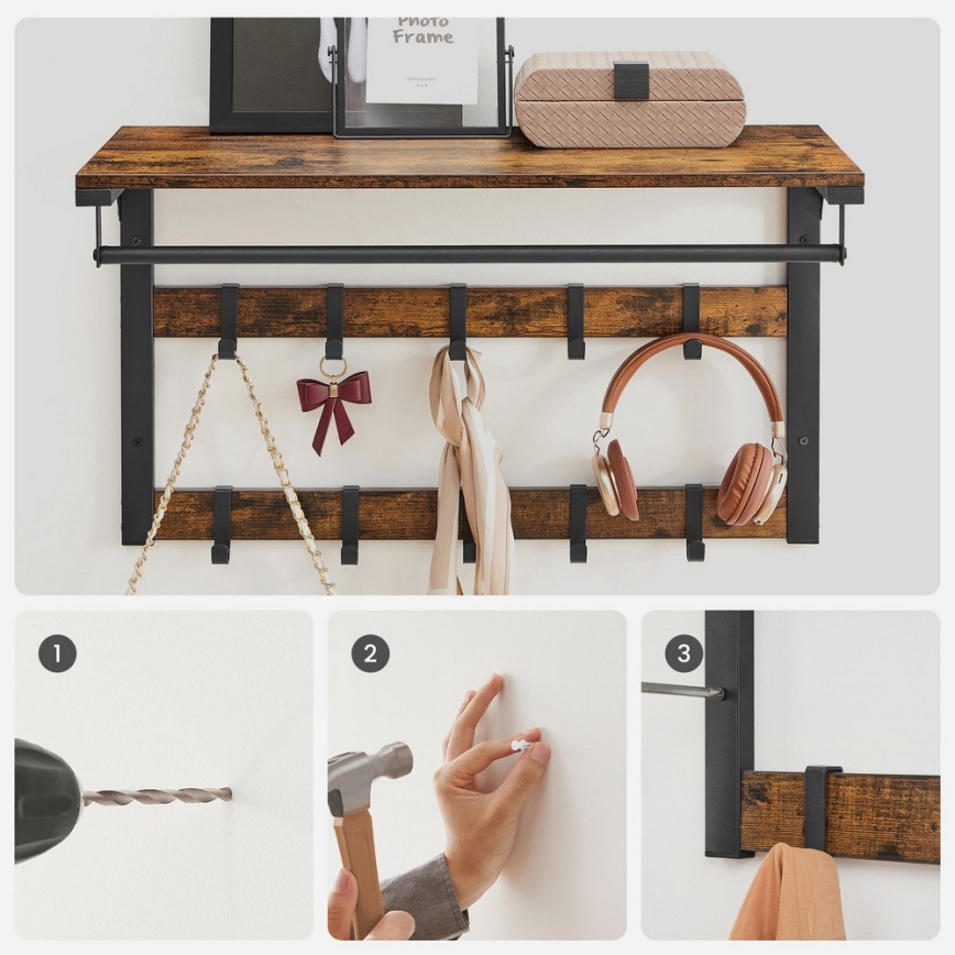 Nástenný vešiak s policou NATE hnedý/čierny