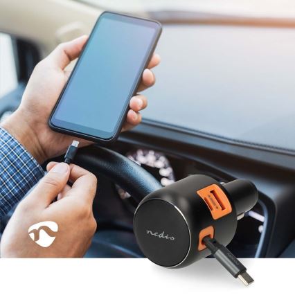 Autonabíjačka so zatahovacím káblom Power Delivery 30W 2xUSB-C + 1xUSB-A