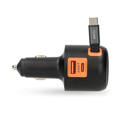 Autonabíjačka so zatahovacím káblom Power Delivery 30W 2xUSB-C + 1xUSB-A