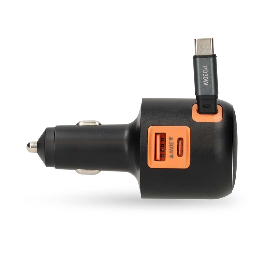 Autonabíjačka so zatahovacím káblom Power Delivery 30W 2xUSB-C + 1xUSB-A