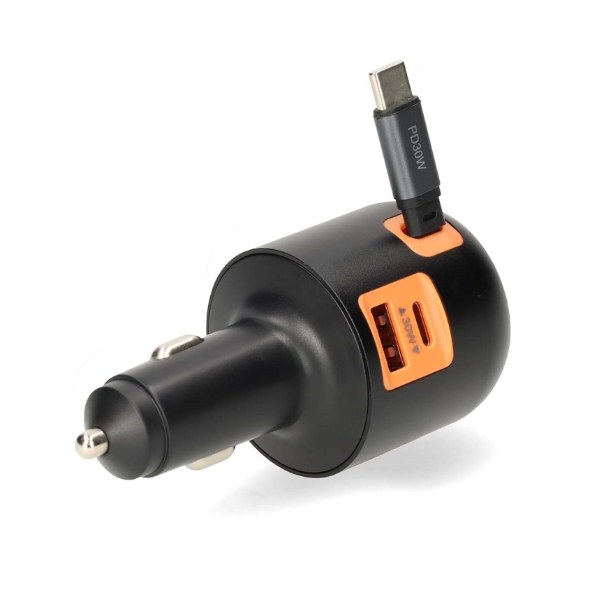 Autonabíjačka so zatahovacím káblom Power Delivery 30W 2xUSB-C + 1xUSB-A