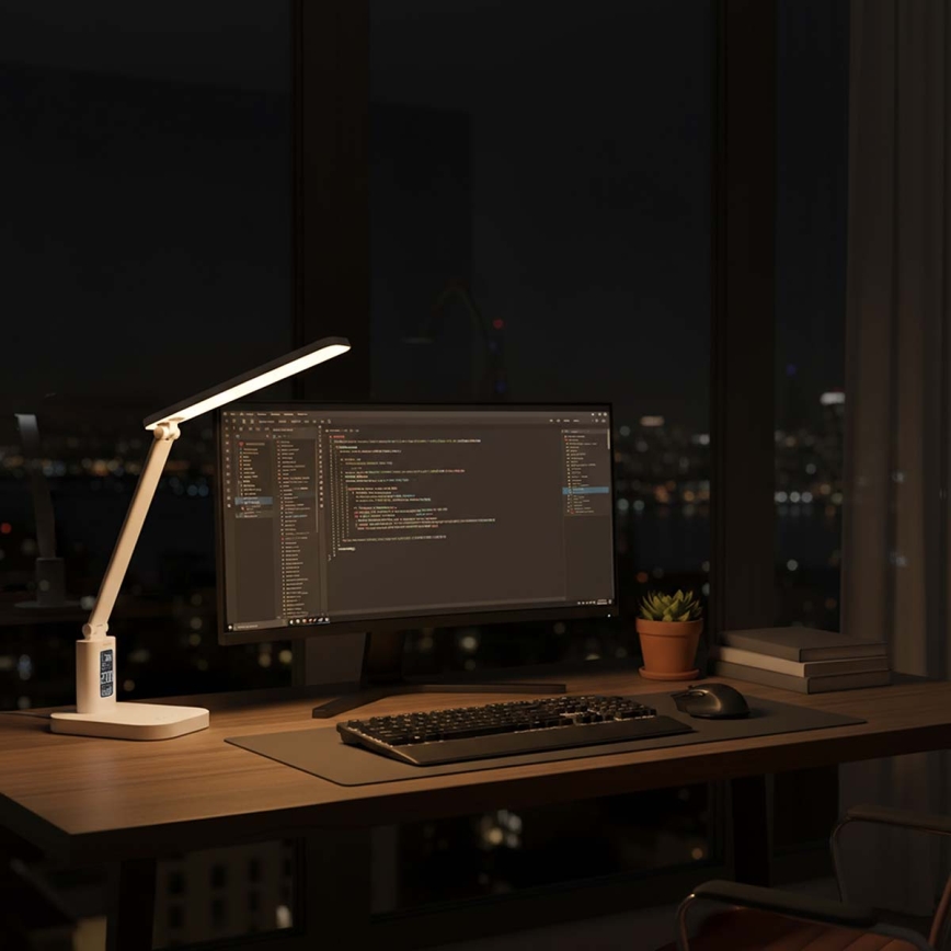 LED Stmievateľná nabíjacia dotyková stolová lampa s displejom LED/7,5W/1200 mAh 3000/4000/5700K CRI 90 biela