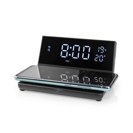Budík s LCD displejom a bezdrôtovou nabíjačkou 15W/230V + 1xCR2032 čierna