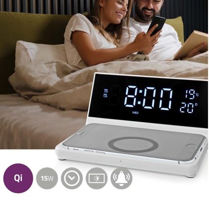 Budík s LCD displejom a bezdrôtovou nabíjačkou 15W/230V + 1xCR2032 biela