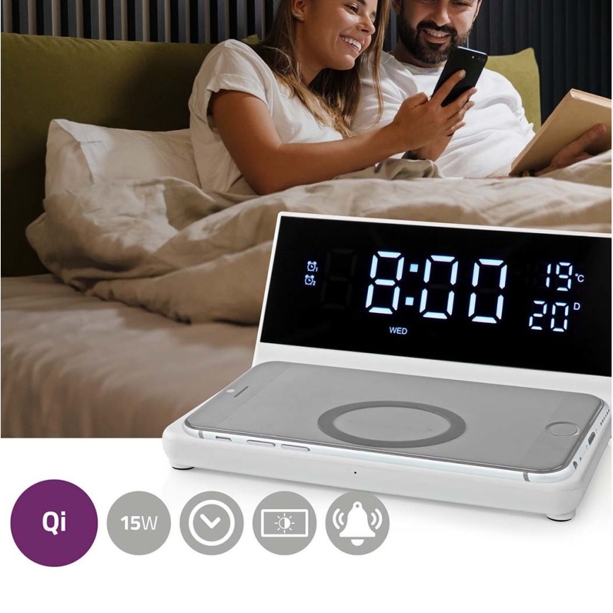Budík s LCD displejom a bezdrôtovou nabíjačkou 15W/230V + 1xCR2032 biela