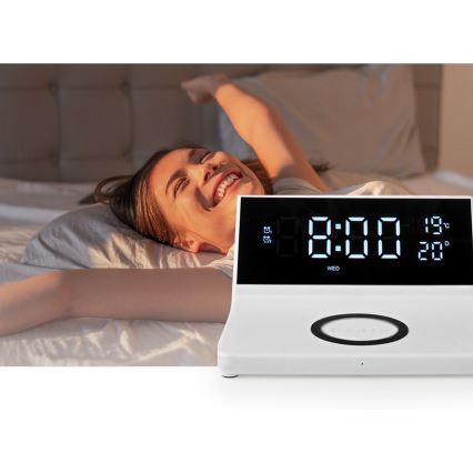 Budík s LCD displejom a bezdrôtovou nabíjačkou 15W/230V + 1xCR2032 biela