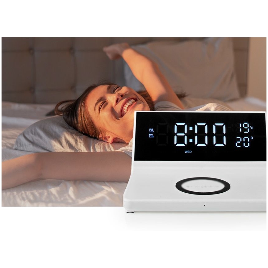 Budík s LCD displejom a bezdrôtovou nabíjačkou 15W/230V + 1xCR2032 biela