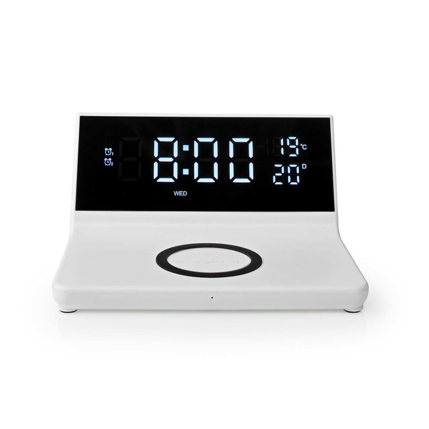 Budík s LCD displejom a bezdrôtovou nabíjačkou 15W/230V + 1xCR2032 biela