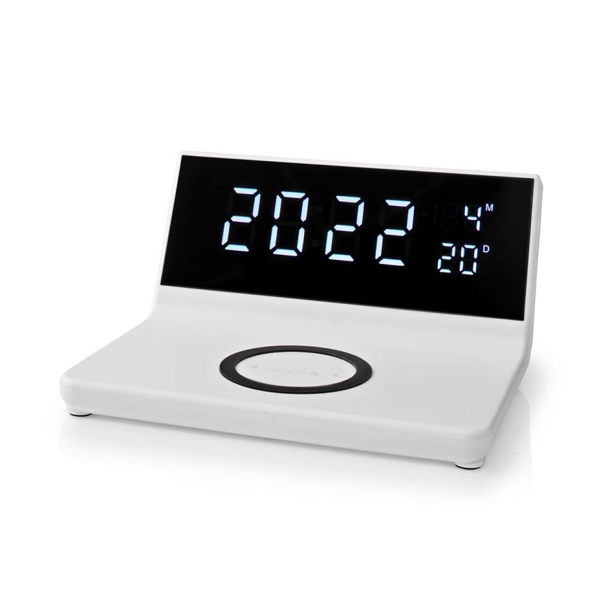 Budík s LCD displejom a bezdrôtovou nabíjačkou 15W/230V + 1xCR2032 biela