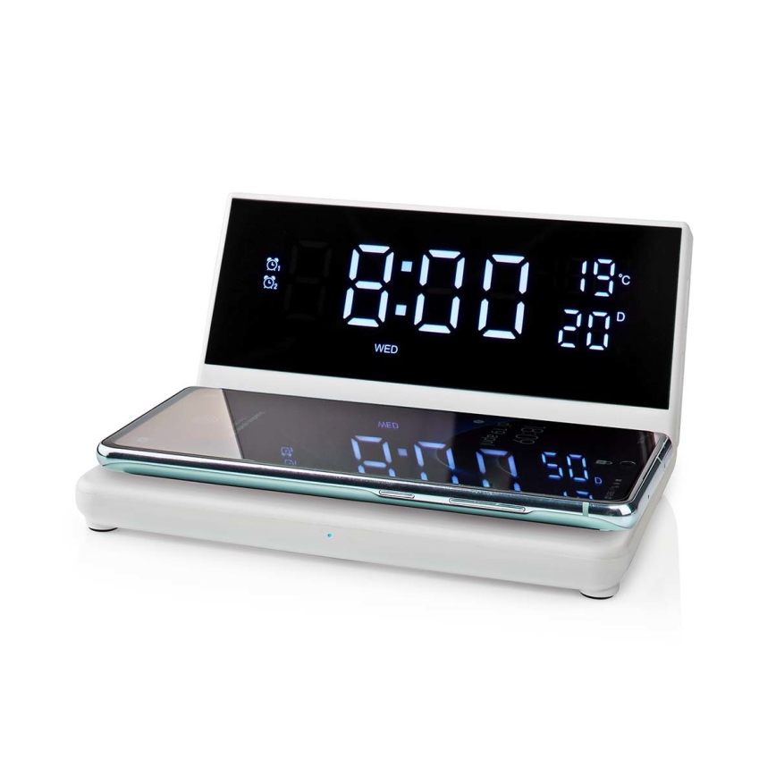 Budík s LCD displejom a bezdrôtovou nabíjačkou 15W/230V + 1xCR2032 biela