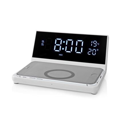 Budík s LCD displejom a bezdrôtovou nabíjačkou 15W/230V + 1xCR2032 biela