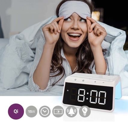 Budík s LCD displejom a bezdrôtovou nabíjačkou 15W/5V 1xCR2032 biela