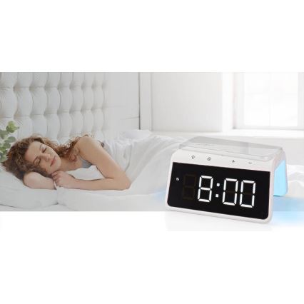 Budík s LCD displejom a bezdrôtovou nabíjačkou 15W/5V 1xCR2032 biela