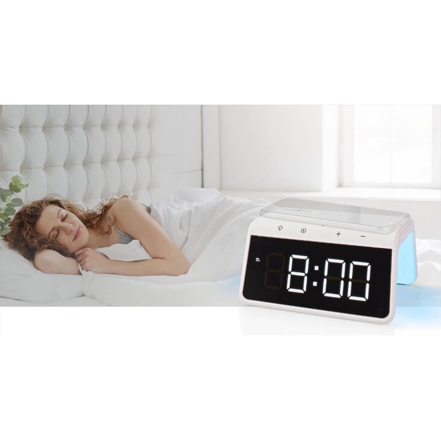 Budík s LCD displejom a bezdrôtovou nabíjačkou 15W/5V 1xCR2032 biela