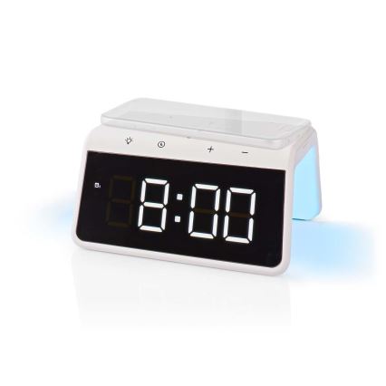 Budík s LCD displejom a bezdrôtovou nabíjačkou 15W/5V 1xCR2032 biela