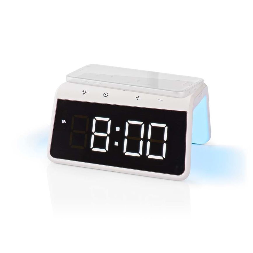 Budík s LCD displejom a bezdrôtovou nabíjačkou 15W/5V 1xCR2032 biela