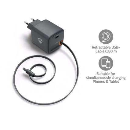 Nabíjačka so zatahovacím káblom Power Delivery 30W 2xUSB-C čierna