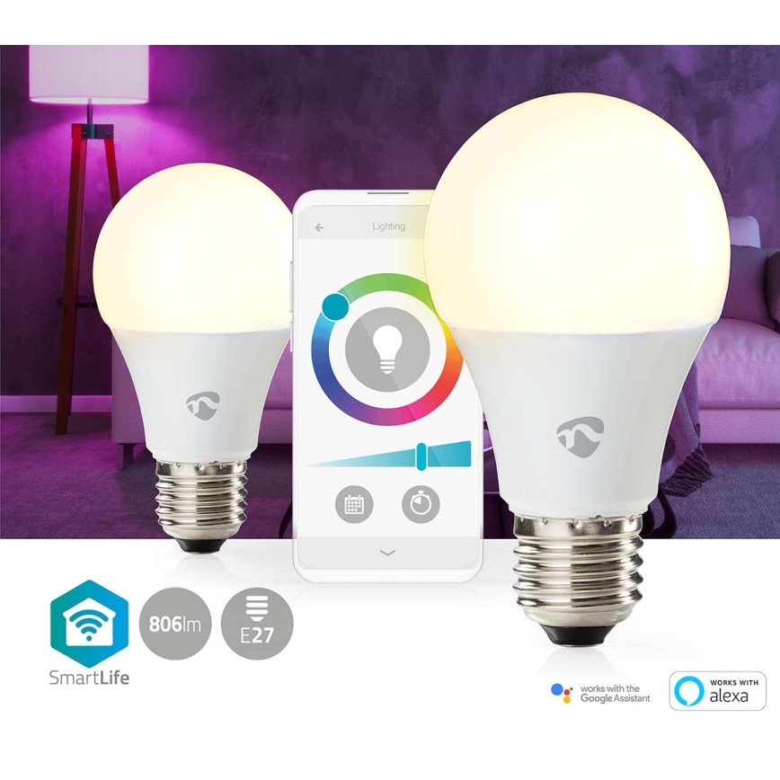 Sada 2× LED RGBW stmievateľných žiaroviek SmartLife E27/9W/230V Wi‑Fi 2700–6500K