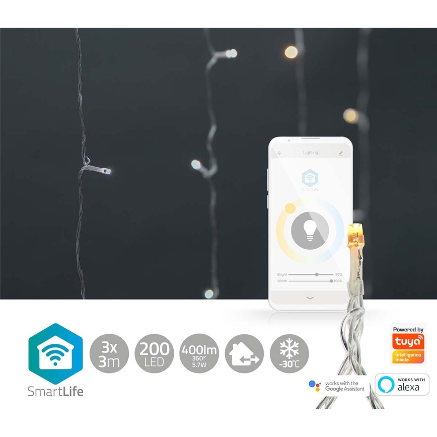 LED Vianočný záves 200xLED/11 funkcií 6m IP65 Wi-Fi Tuya teplá až studená biela