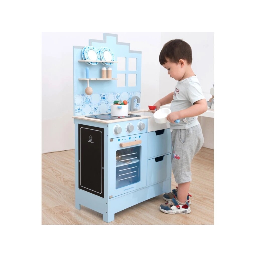 New Classic Toys - Drevená kuchynka s príslušenstvom modrá