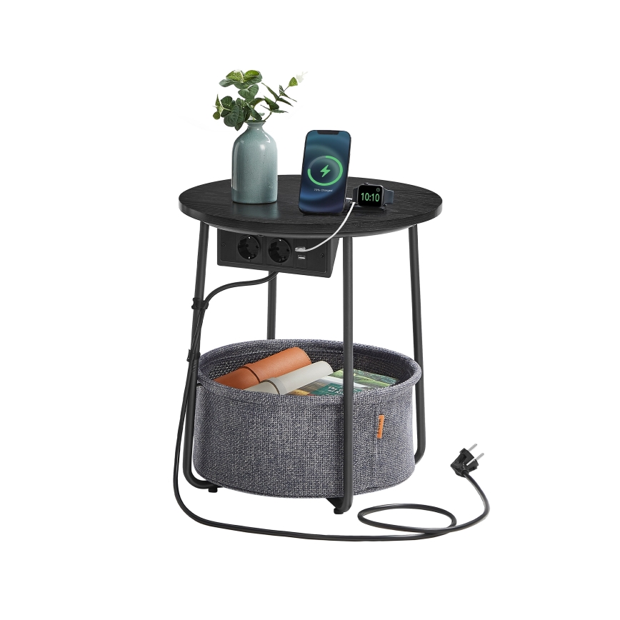 Odkladací stolík NOIRA 45 cm so vstavanými zásuvkami a USB portami, sivá/čierna