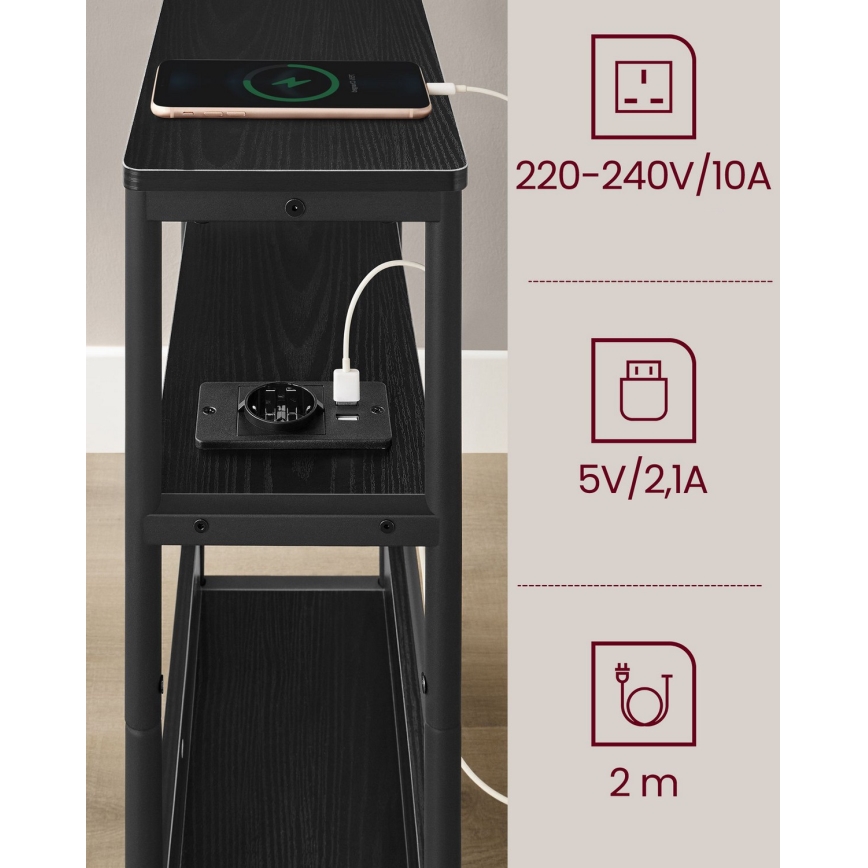 Odkladací stolík ROD s vstavanou zásuvkou a USB portami, čierny