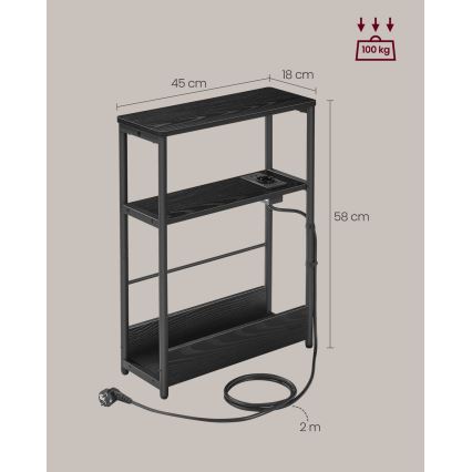 Odkladací stolík ROD s vstavanou zásuvkou a USB portami, čierny