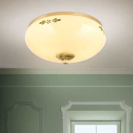Stropné svietidlo LANDHAUS 2xE27/60W/230V, priemer 28 cm, mosadz/béžová/zelená