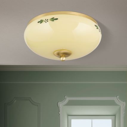 Stropné svietidlo LANDHAUS 2xE27/60W/230V, priemer 28 cm, mosadz/béžová/zelená