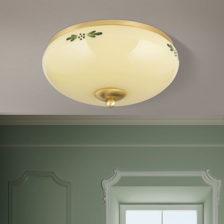 Stropné svietidlo LANDHAUS 2xE27/60W/230V, priemer 28 cm, mosadz/béžová/zelená
