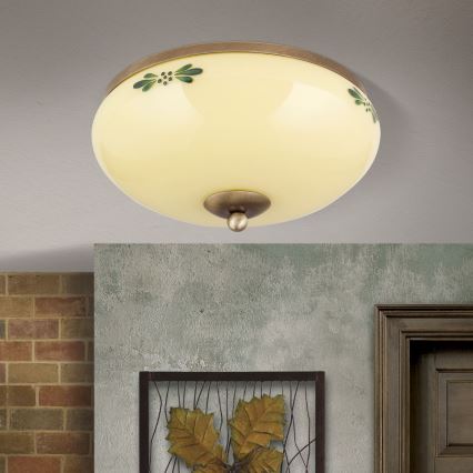 Stropné svietidlo LANDHAUS 2xE27/60W/230V pr. 28 cm bronz/béžová/zelená
