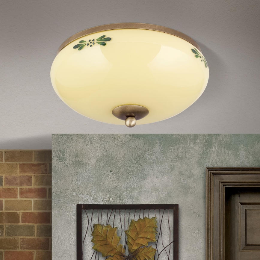 Stropné svietidlo LANDHAUS 2xE27/60W/230V pr. 28 cm bronz/béžová/zelená