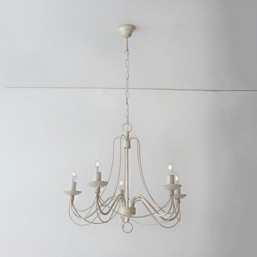 Luster na reťazi VELA 5xE14/40W/230V pr. 60 cm biela/zlatá/patina