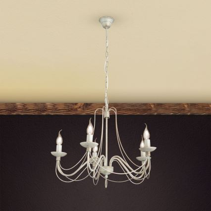 Luster na reťazi VELA 5xE14/40W/230V pr. 60 cm biela/zlatá/patina
