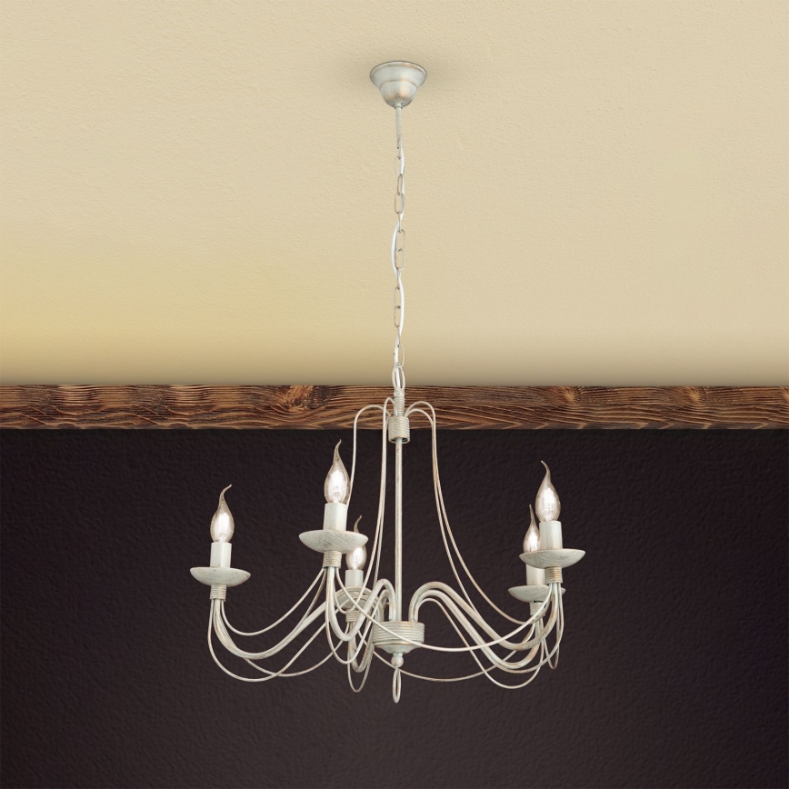 Luster na reťazi VELA 5xE14/40W/230V pr. 60 cm biela/zlatá/patina