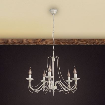 Luster na reťazi VELA 5xE14/40W/230V pr. 60 cm biela/zlatá/patina