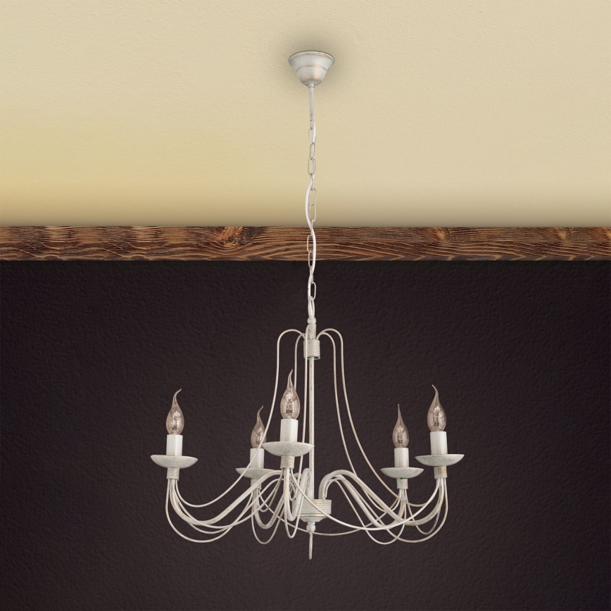 Luster na reťazi VELA 5xE14/40W/230V pr. 60 cm biela/zlatá/patina