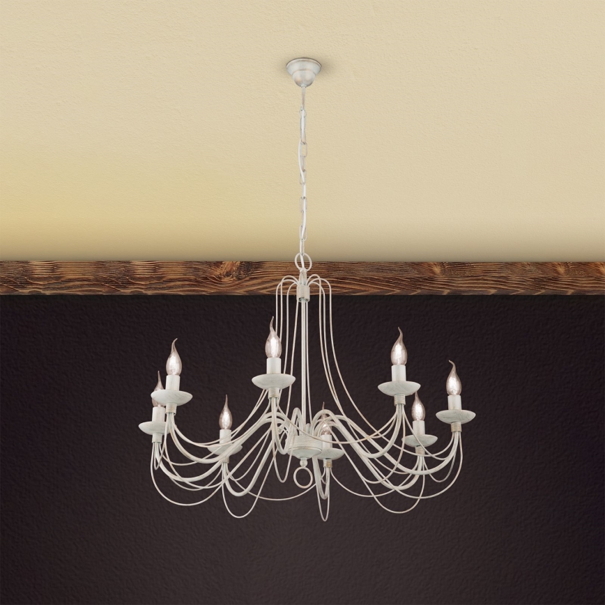 Luster na reťazi VELA 8xE14/40W/230V pr. 80 cm biela/zlatá/patina
