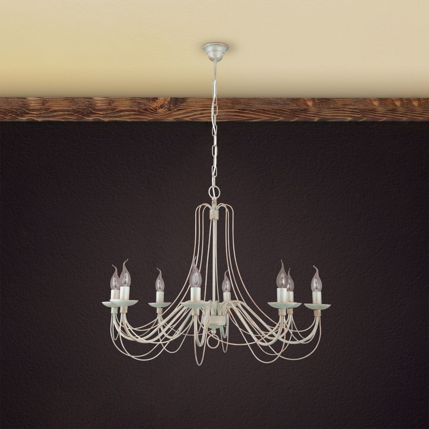 Luster na reťazi VELA 8xE14/40W/230V pr. 80 cm biela/zlatá/patina