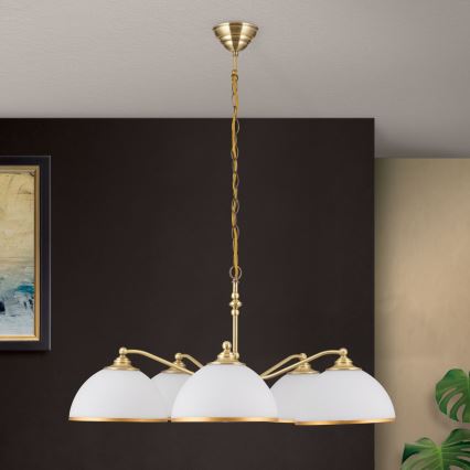Luster na reťazi OLD LAMP 5xE27/40W/230V pr. 75 cm biela/mosadz
