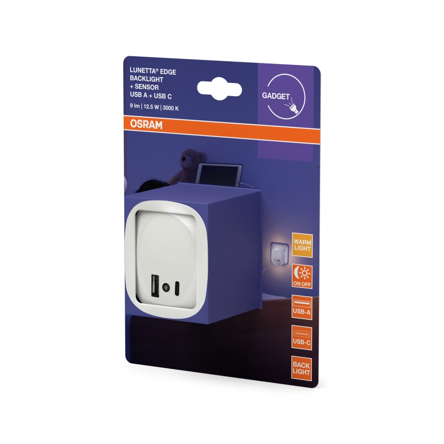 Osram - LED Nočné svietidlo do zásuvky so senzorom a USB LUNETTA LED/12,5W/230V biela