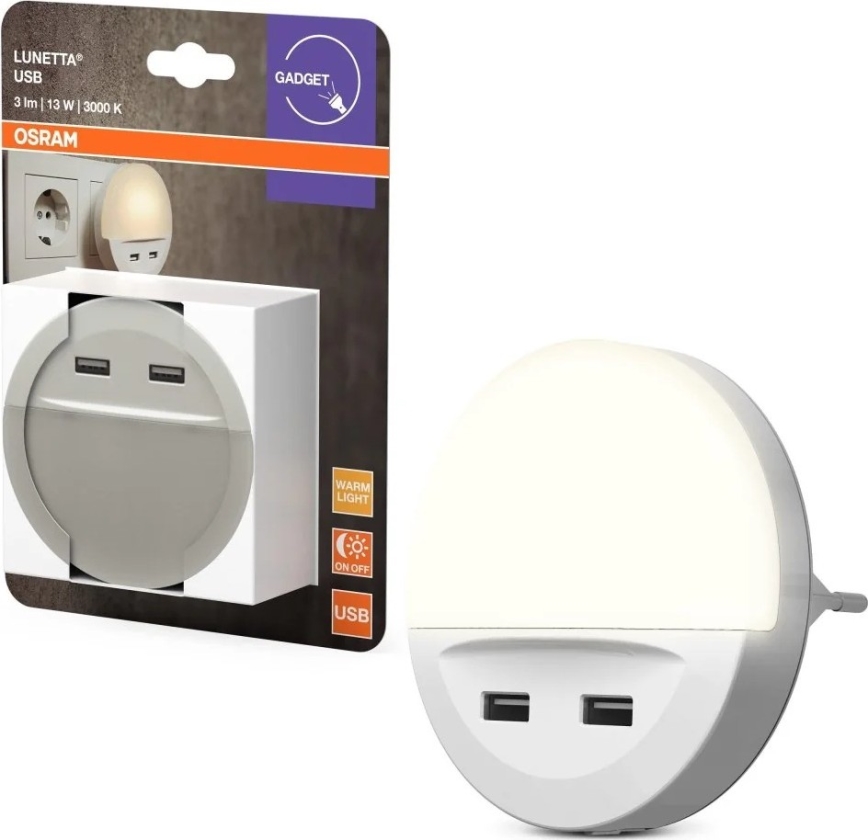 Osram - LED Nočné svietidlo do zásuvky so snímačom LUNETTA 2xUSB LED/13W/230V