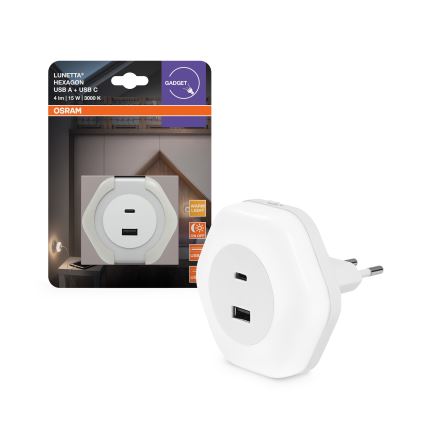 Osram - LED orientačné svietidlo do zásuvky s USB LUNETTA LED/15W/230V biela