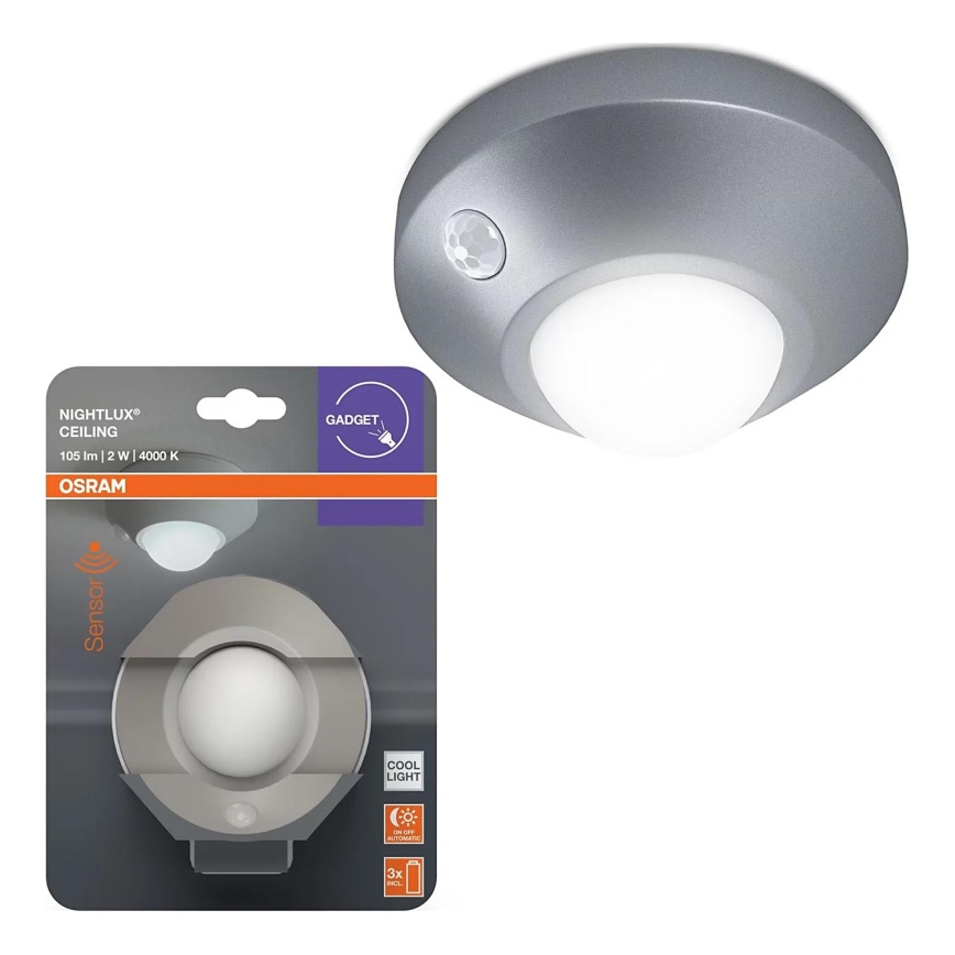 Osram - LED orientačné svietidlo NIGHTLUX so senzorom LED/2W/3xAA, strieborné