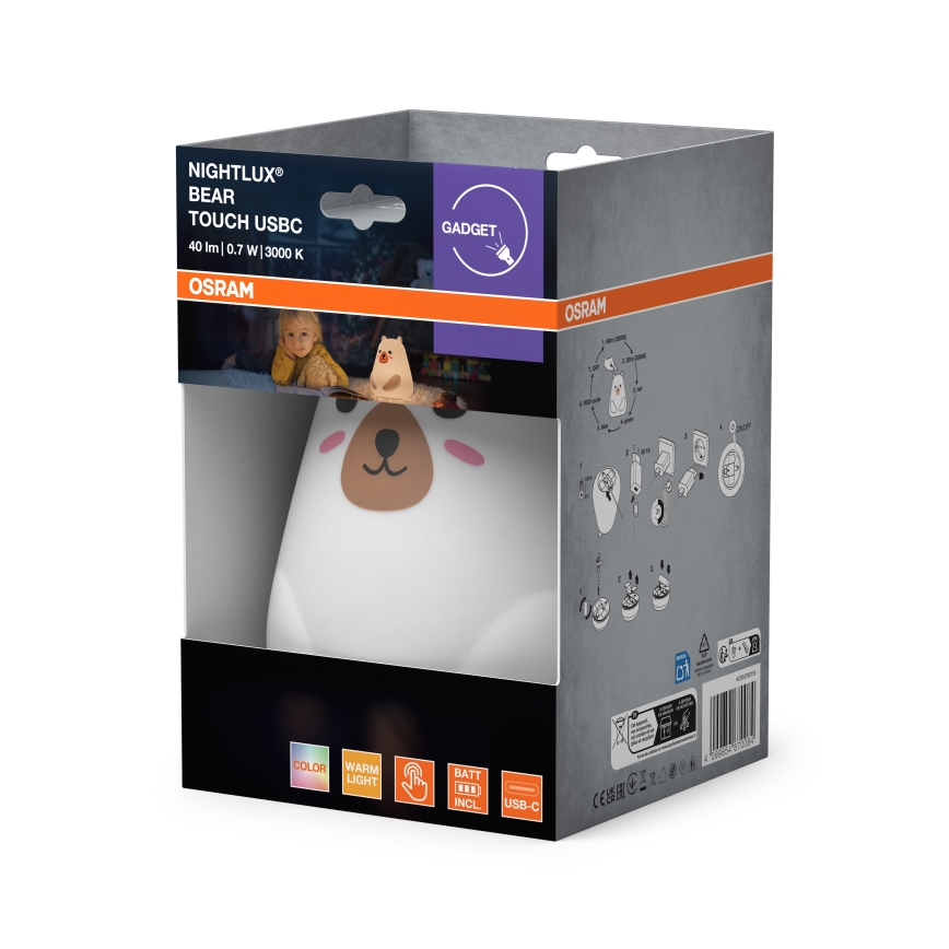 Osram - LED RGBW Stmievateľná detská dotyková lampička NIGHTLUX BEAR LED/0,7W/3,7V 1200 mAh biela