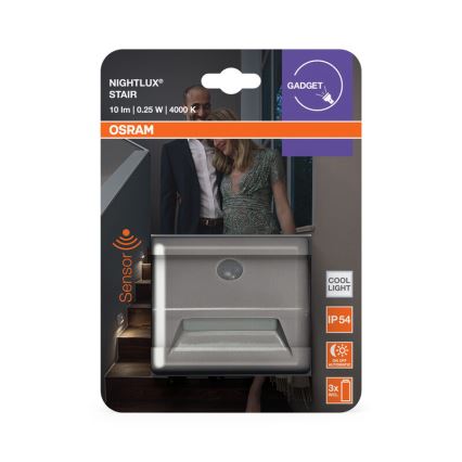 Osram - LED schodiskové svietidlo so senzorom NIGHTLUX LED/0,25W/3xAAA IP54 strieborné